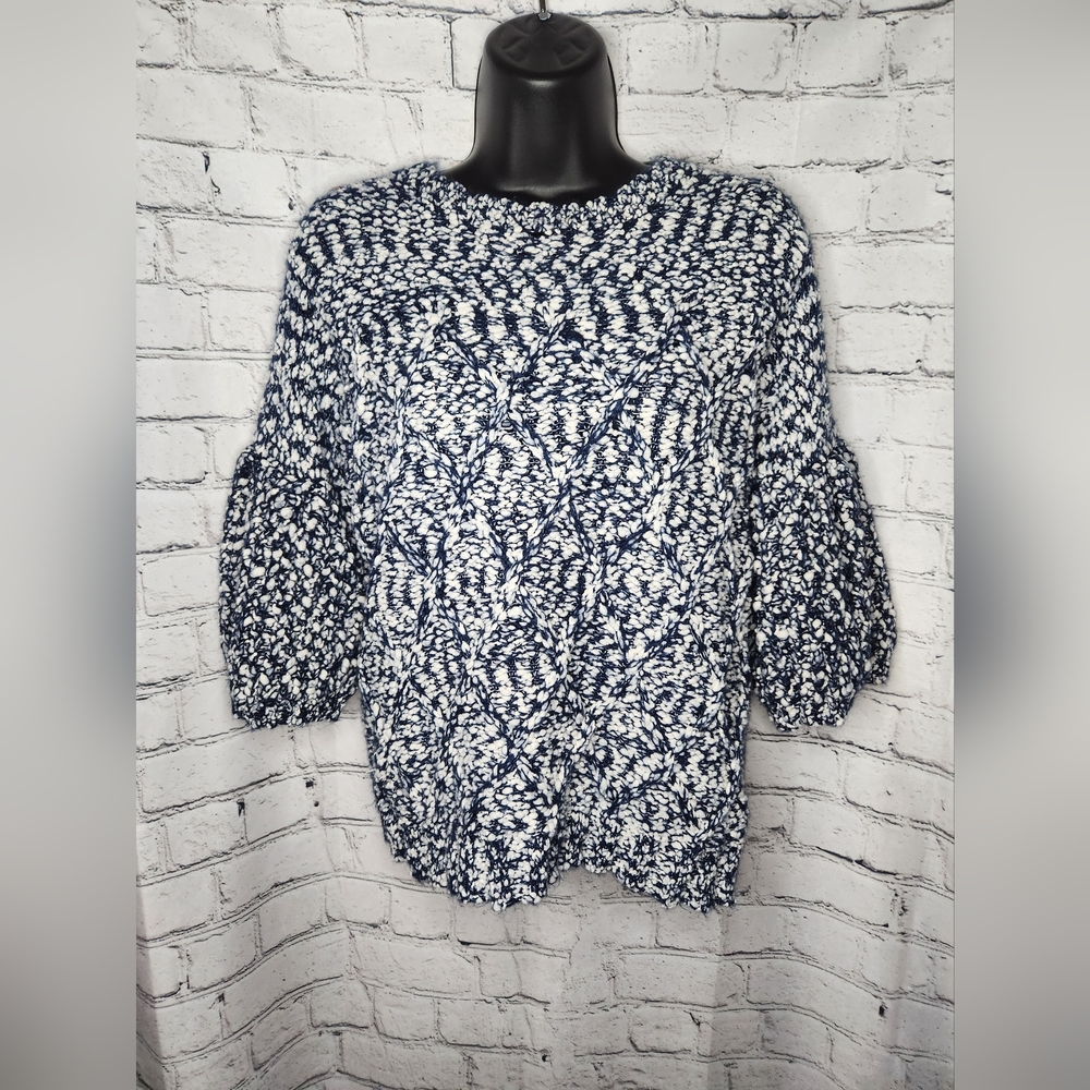 Anthropologie Moth Chunky Knit Blue/White Bell Sleeve Sweater Size XS